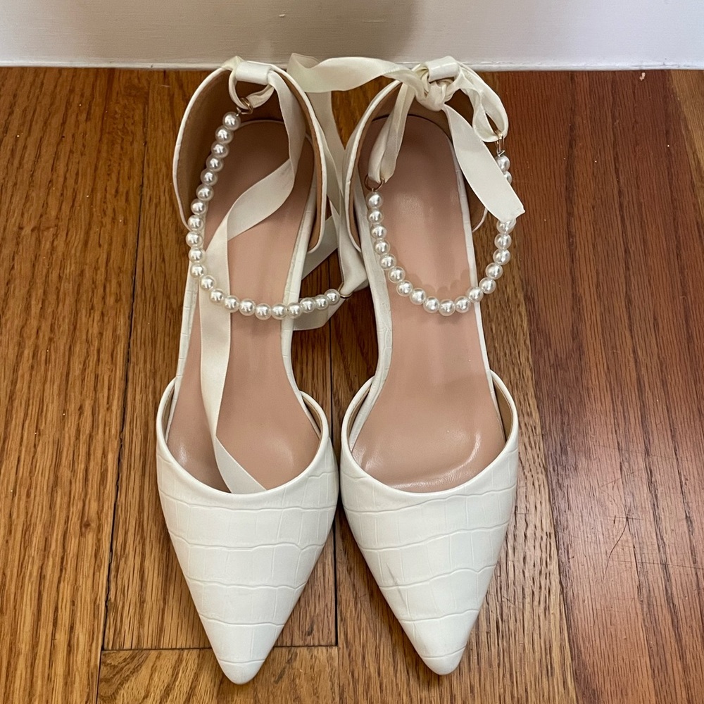 White Pumps with Pearl Straps
